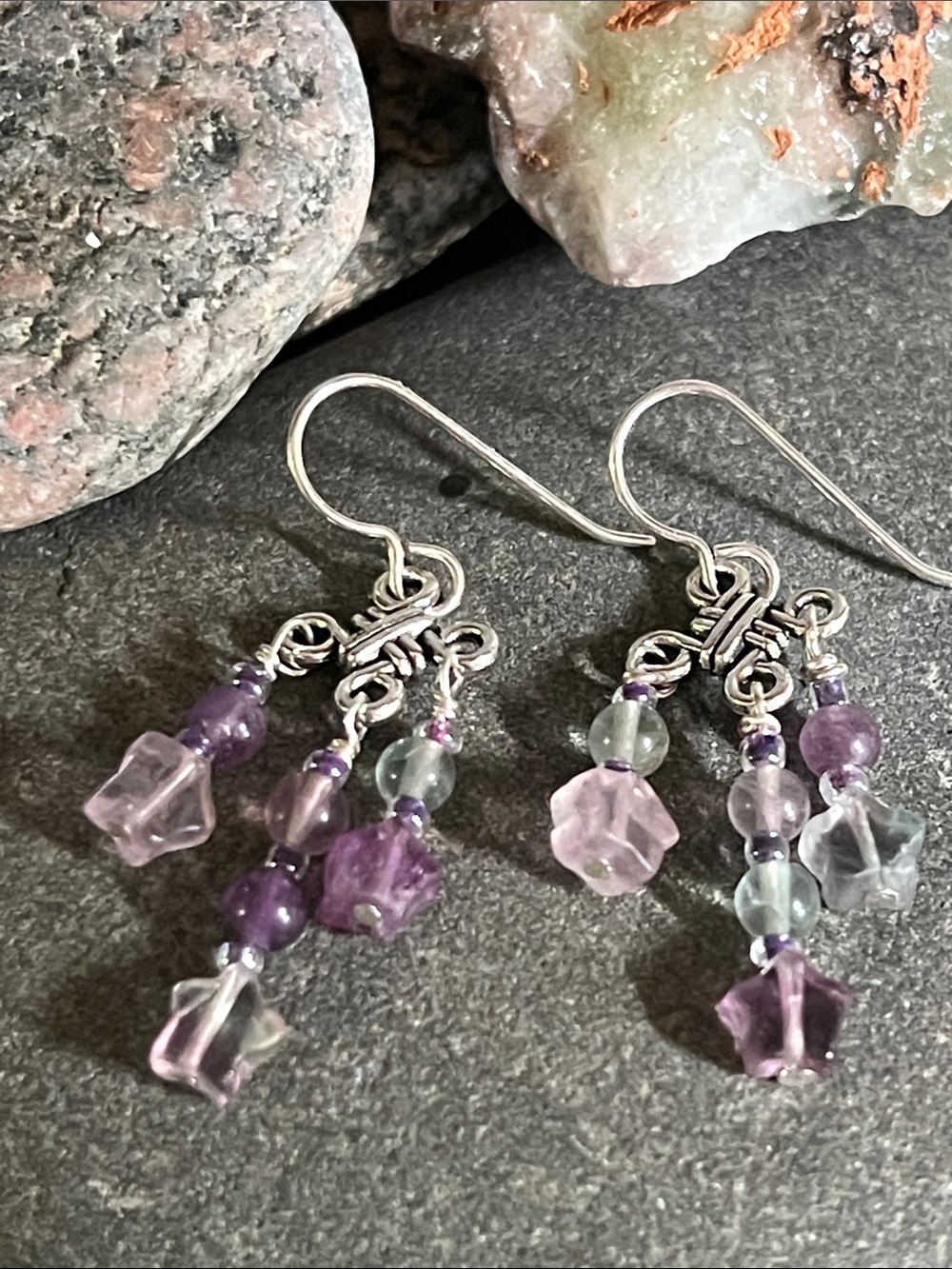 Artisan Sterling Silver chandelier dangle earrings in rainbow fluorite gemstones